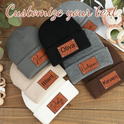 Custom Laser Engraved Leather Patch Knit Beanie for Kids