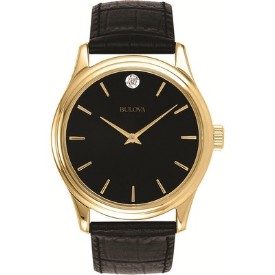 Bulova® Men's Corporate Collection Black Leather Strap Watch, Black Diamond Dial