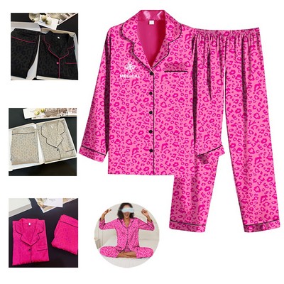 Silk Nightgown Satin Leopard Jacquard Solid Color Long Sleeve Trousers Women Two Pieces Pajamas