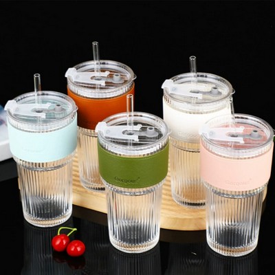 20 oz Vertical Stripes Glass Cup with Straw