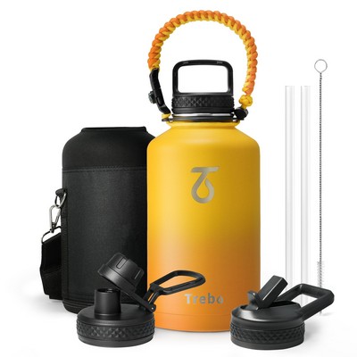 Insulated Water Bottle 64 oz, Half Gallon Metal Vacuum Water Jug with Paracord Handle and 3 Lids