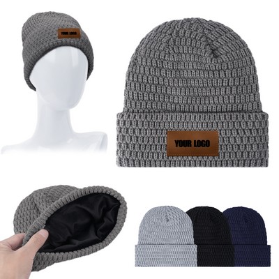 Fleece Lined Knit Beanie With Custom Leather Patch