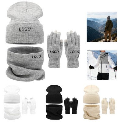 Acrylic Knit Set Solid Color Hat Neck Gaiter Gloves Three Piece Winter Accessories