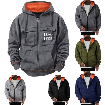 Modern Casual Multi-Pocket Fleece-Lined Zip-Up Hoodie For Men