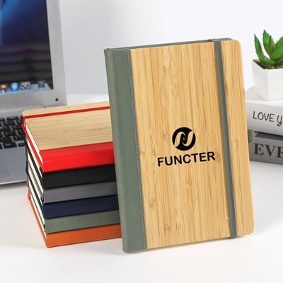 A5 Bamboo PU Leather Hardcover Bound Business Notebook Writing Journal W/ Pen Sleeve
