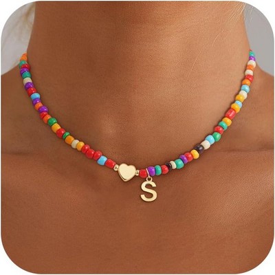 Colorful Seed Bead Letter Necklace Handmade Mixed Color Beaded Clavicle Chain Stainless Steel