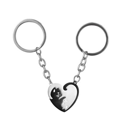 Romantic Black & White "In Love" Cat Keychain Interlocking Couple's Stainless Steel Keyring