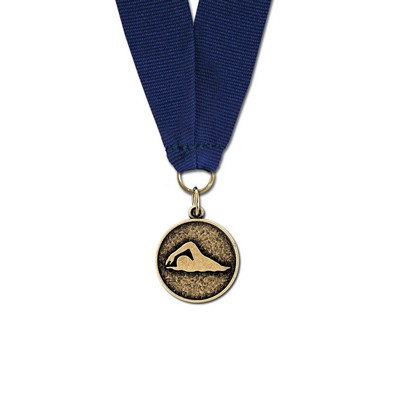 Stylized Swimmer Cast CX Medal w/Grosgrain Neck Ribbon (1 1/8")