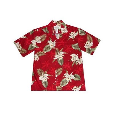 Red Hawaiian Shirt (S - 3XL in-stock) - 100% Cotton Poplin Tropical Print w/ Coconut Buttons