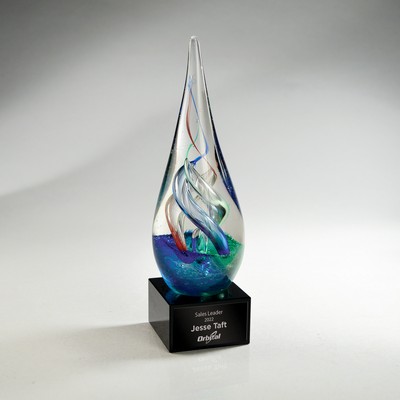 Colorful Art Glass Award on Black Glass Base with Silver Lasered Plate