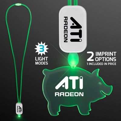 Neon Look Green Light Up Lanyard Necklace with Acrylic Pig Pendant - PRINTED