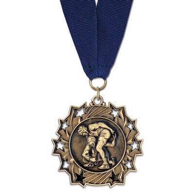 Wrestling TS Medal w/Grosgrain Neck Ribbon (2¼")