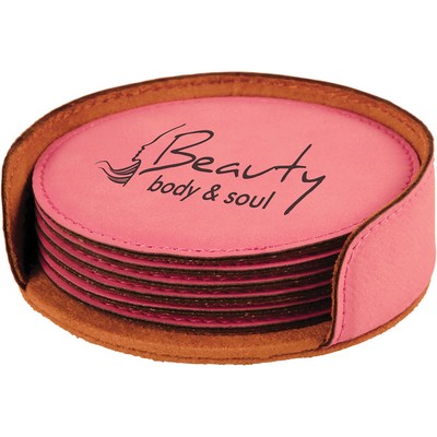 Round Leatherette 6-Coaster Set (Pink)