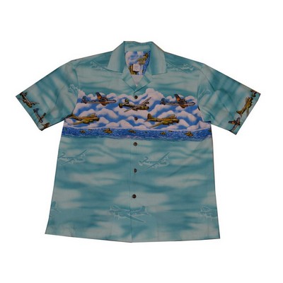 Turquoise Hawaiian Tropical Military Print Shirt / 100% Cotton Poplin / Airplanes Circa WWII