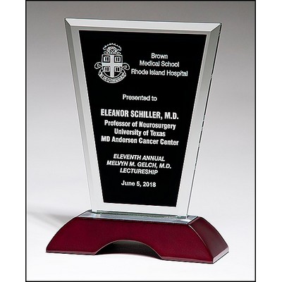 Black Silk Screened Clear Glass Award w/High Gloss Rosewood Base (6"x 10")