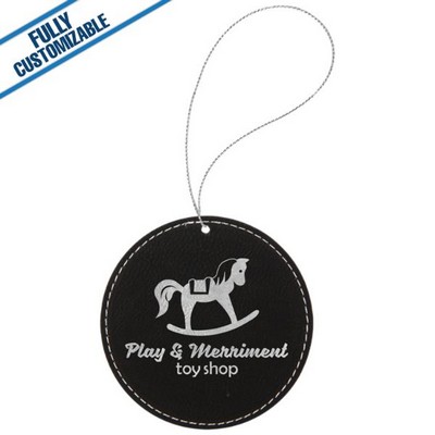 Black & Silver Leatherette - Ornament With Silver String - Round