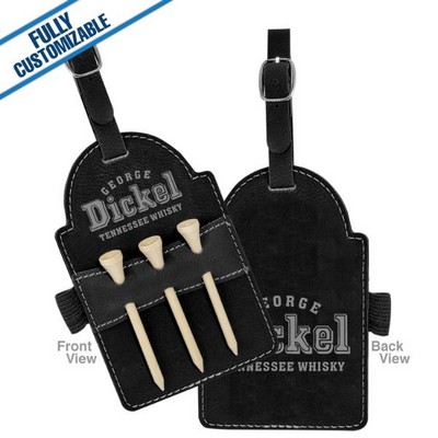 Black & Silver Leatherette - 5X3.25" Golf Bag Tag With 3 Wooden Tees