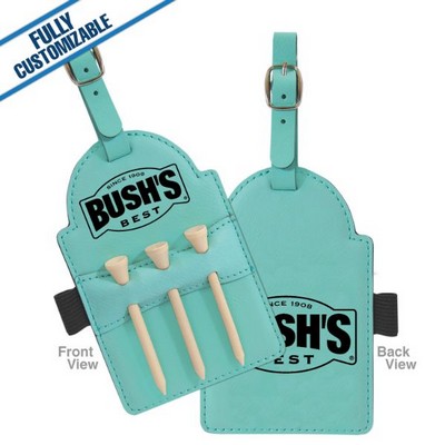 Teal Leatherette - 5X3.25" Golf Bag Tag With 3 Wooden Tees