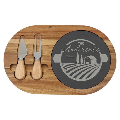 12½" x 7¾" Acacia Wood/Slate Oval Cheese Set w/ Two Tools