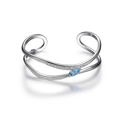 ELLE "Moon Shadow" Sterling Silver Blue Topaz and Cubic Zirconia Open Cuff Bangle - Silver