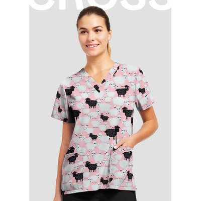 Landau White Cross Prints Women's 3-Pocket V-Neck Shirt