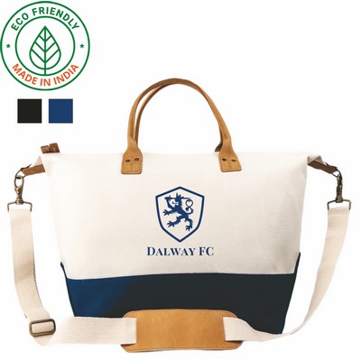 Premium Weekender Heavy Duty Canvas Travel Duffel Bag | Leather Brass Navy (20x14x10)