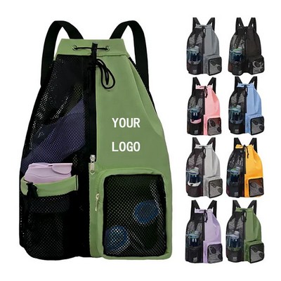 Large Mesh Drawstring Backpack With Wet Pocket For Workout