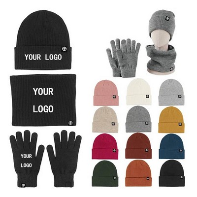 Touch Screen Knit Scarf Hat Gloves Set For Winter