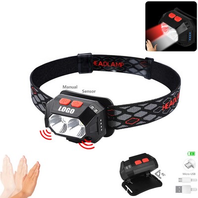 Adjustable LED Headlamp Lightweight Rechargeable Manual And Sensor
