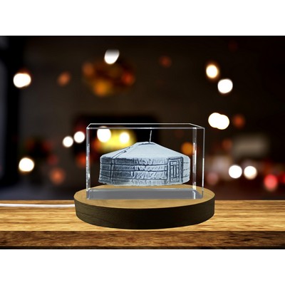 Yurts House 3D Laser Engraved Crystal Trophy Award w/LED Base