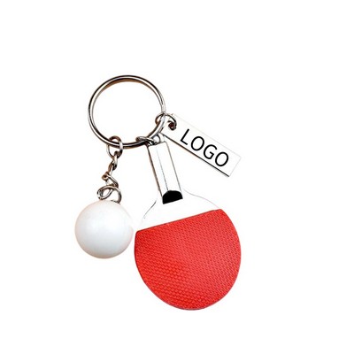Ping Pong Paddle & Ball Keychain w/ Customizable Logo Tag