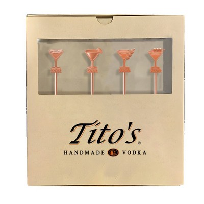 4-Pack Custom Molded Stainless Steel Cocktail Swizzle Sticks with Box