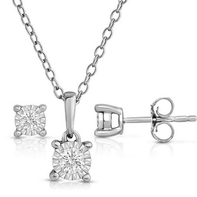Jilco Inc Diamond Sterling Silver Solitaire Earrings And Necklace Set