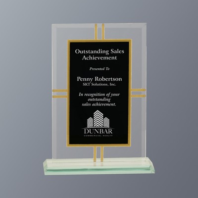 Clear Glass Plaque, Rectangle with 4-Point Gold Accents, Small (5-1/2"x 7-1/2"H)