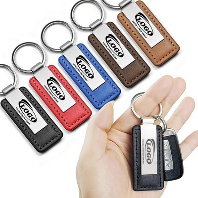 Personalized Rectangular Leather Keychain With Metal Plate For Engraving