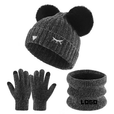 Youth 3-Piece Cat Ear Knit Beanie, Gaiter & Glove Thermal Set
