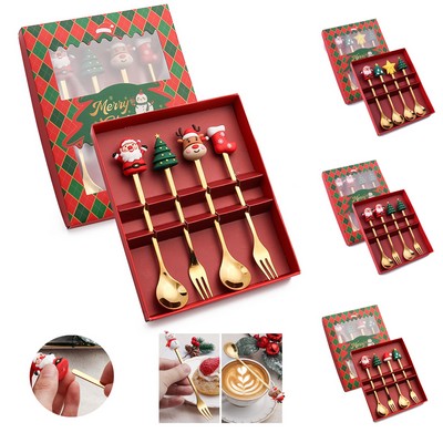Cartoon Santa Claus Cute Spoon and Fork Set Stainless Gold Silverware Cutlery Set