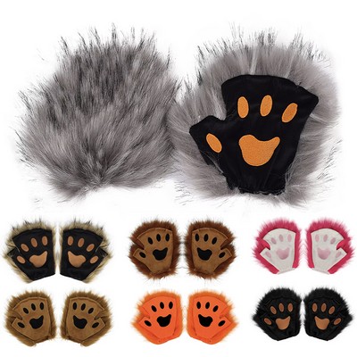 Wolf Paw Gloves Faux Fur Cat Fingerless Mittens Winter Warm