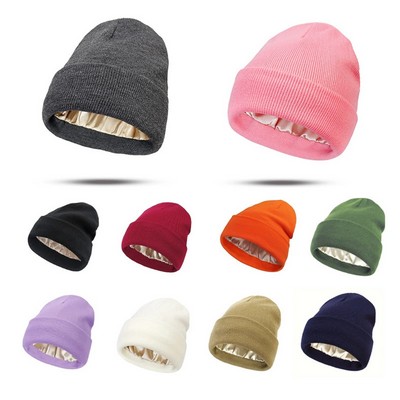 Satin Lined Winter Warm Cuffed Beanie Knit Hat