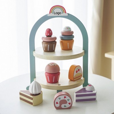 Wooden Cake Toys Tea Party Set Desserts Food Toy with Cupcake Stand