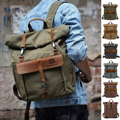 Vintage Leather Canvas Expandable Rolltop Laptop Backpack