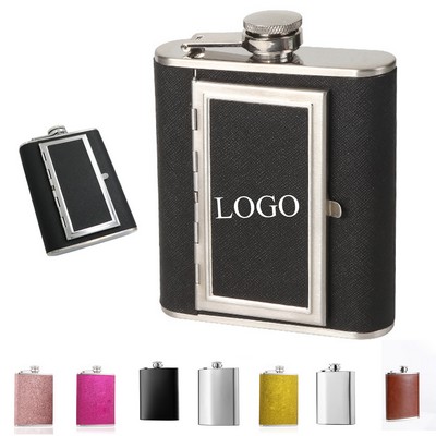 5 oz Stainless Steel Hip Flask with Cigarette Case and Leather Wrapped Cover