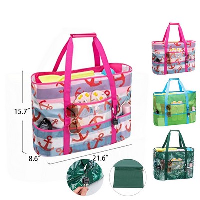 Large Nylon Mesh Beach Tote Bag with Pockets, Travel Ready