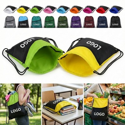 Two-Tone Drawstring Backpack With Front Zipper