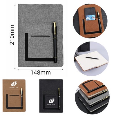 A4 Leather Business Notebook with Phone Pocket, Card Slot & Pen Loop
