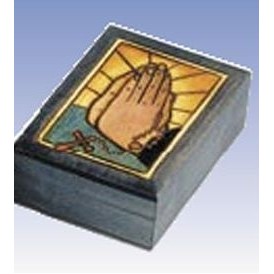 Wood Box W/ Praying Hands & Rosary (5 1/8"x3 5/8"x1 1/2")