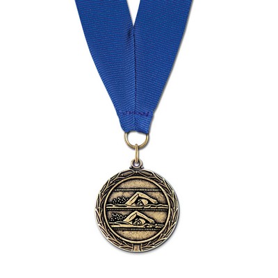 Double Swimmers Cast MX Medal w/Grosgrain Neck Ribbon (1½")