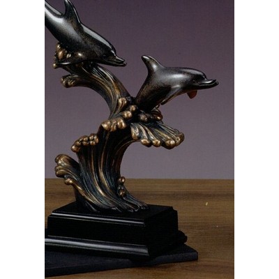 Two Gray Dolphins Trophy w/Curved Waves & Rectangle Base (12"x15")