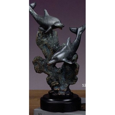 Two Gray Dolphins Trophy w/Rock Formation & Round Base (9"Wx12.5"H)