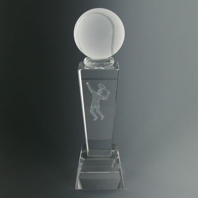 8 ¾" Optical Cut Crystal Tennis Trophy w/Tennis Ball & Male Player